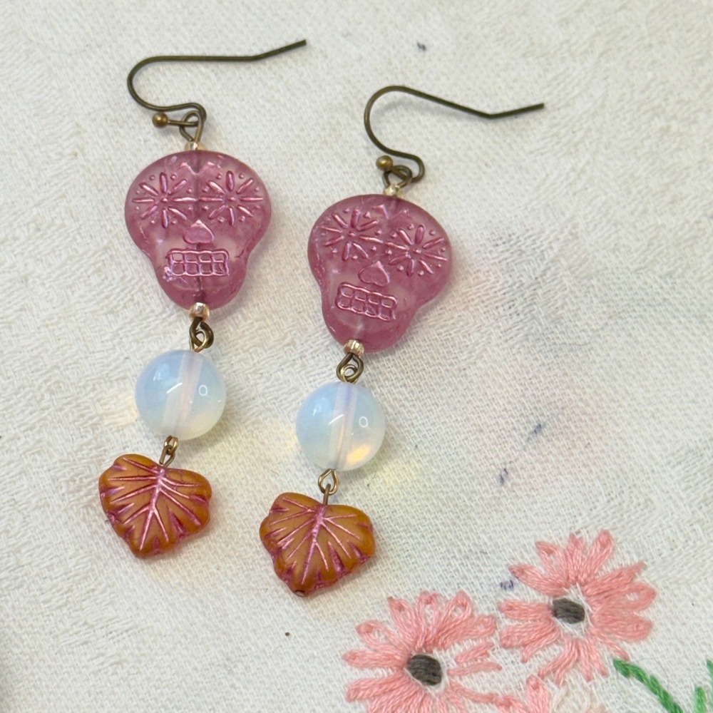 Czech Pink Sugar Skull Glass Bead Opalite Dangle Hook Earrings Hand Crafted - Picture 3 of 5